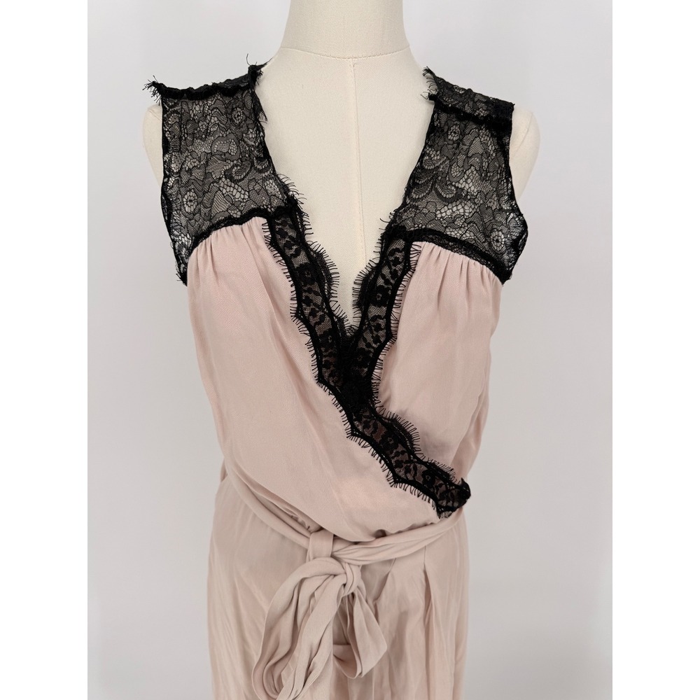 Anthropologie Satin Lace Wrap Dress Midi Pink Black Trim Tie‎ Waist  Women's M - Picture 2 of 9